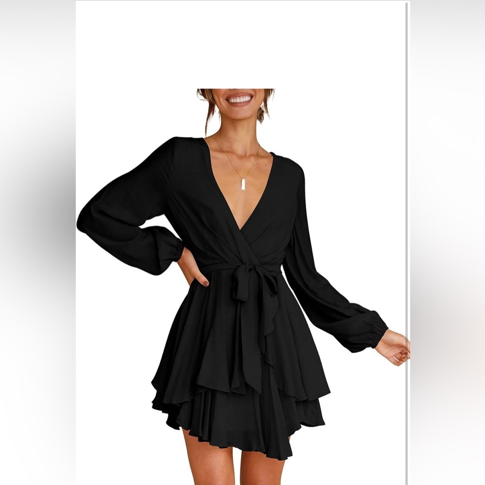 Elegant Black Fit & Flare Skater Dress/Wrap Dress - Large - Long Sleeve - Black - Picture 4 of 5